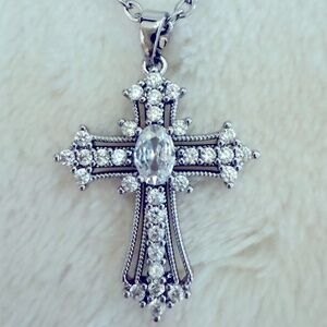 Silver Crystal Embellished Cross with Necklace 18”